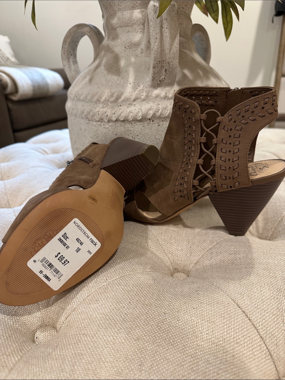 Vince Camuto Brown Suede Lace-Up Peep Toe Cone Heel Sandals - Picture 2 of 3